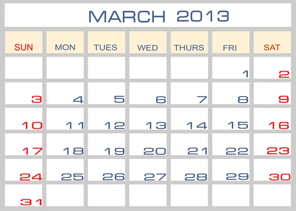 Vektor kalender mars 2013 — Stock vektor