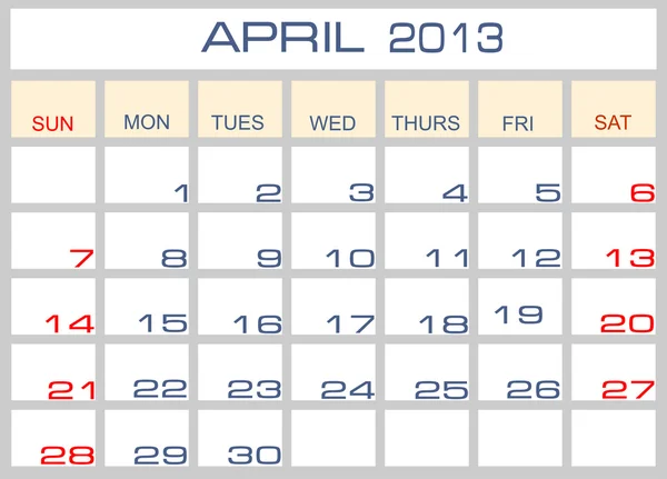 Vector calendar April 2013 — Stock Vector