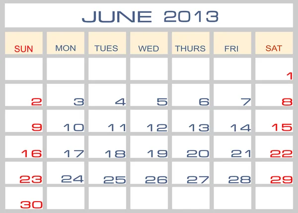 Calendário vetorial Junho 2013 — Vetor de Stock