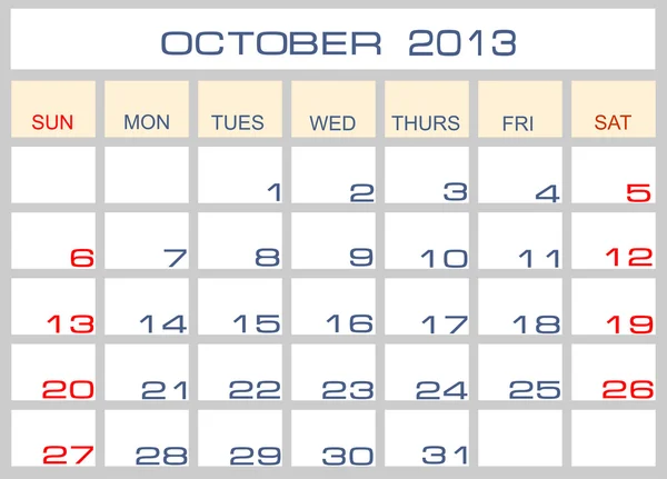 Vector calendar October 2013 — Stock Vector
