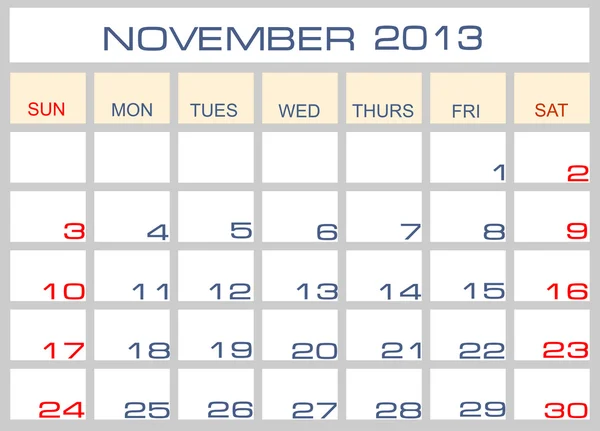 Vector calendar November 2013 — Stock Vector