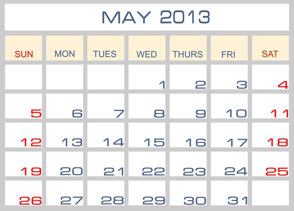 Calendario vettoriale maggio 2013 — Vettoriale Stock