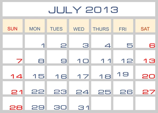 Calendario vettoriale luglio 2013 — Vettoriale Stock