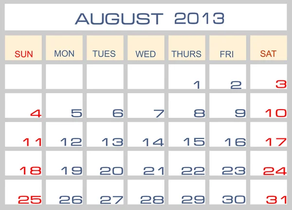 Calendário vetorial agosto de 2013 —  Vetores de Stock