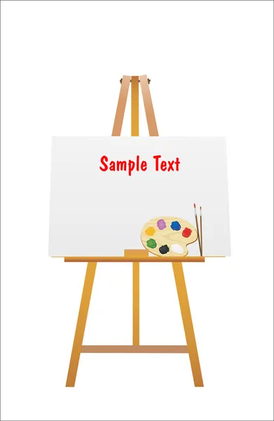 Illustration of an easel and brush with wooden art palette with paints isolated on a white background — Stock Vector