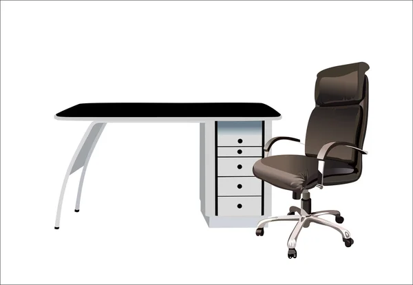 PC na stole z krzesłem na białym tle — Wektor stockowy