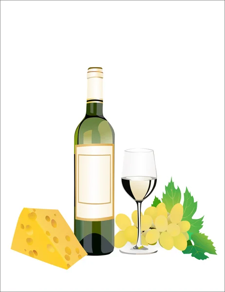 Vinho, queijo e uvas. Sobre branco — Vetor de Stock