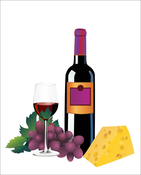 Vin rouge, fromage et raisins. Isolé sur blanc — Image vectorielle
