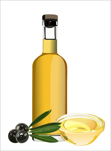 Oliwy z oliwek z dozownikiem i kilka oliwek na oddział na białym tle na białym tle. — Wektor stockowy