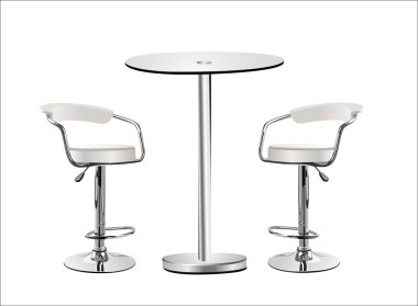 yüksek cam top masa w beyaz zemin üzerine sandalyeler.