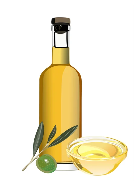 Ein Olivenölgießer und ein paar Oliven auf dem Zweig — Stockvektor