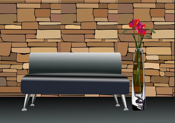 Стильный черный кожаный диван с декоративными вазами рядом — стоковый вектор