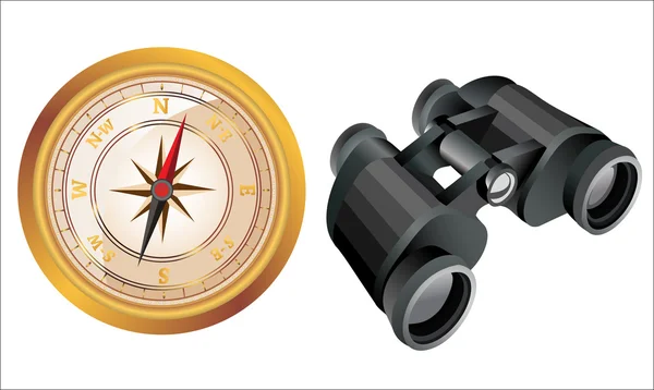 Compass and binoculars on white. concept of search — Stock Vector