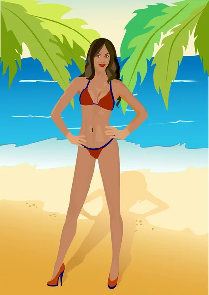 Belle fille sur la plage — Image vectorielle
