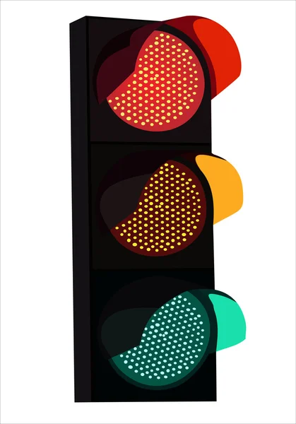 Traffic lights with red, yellow and green lights on white background — Stock Vector