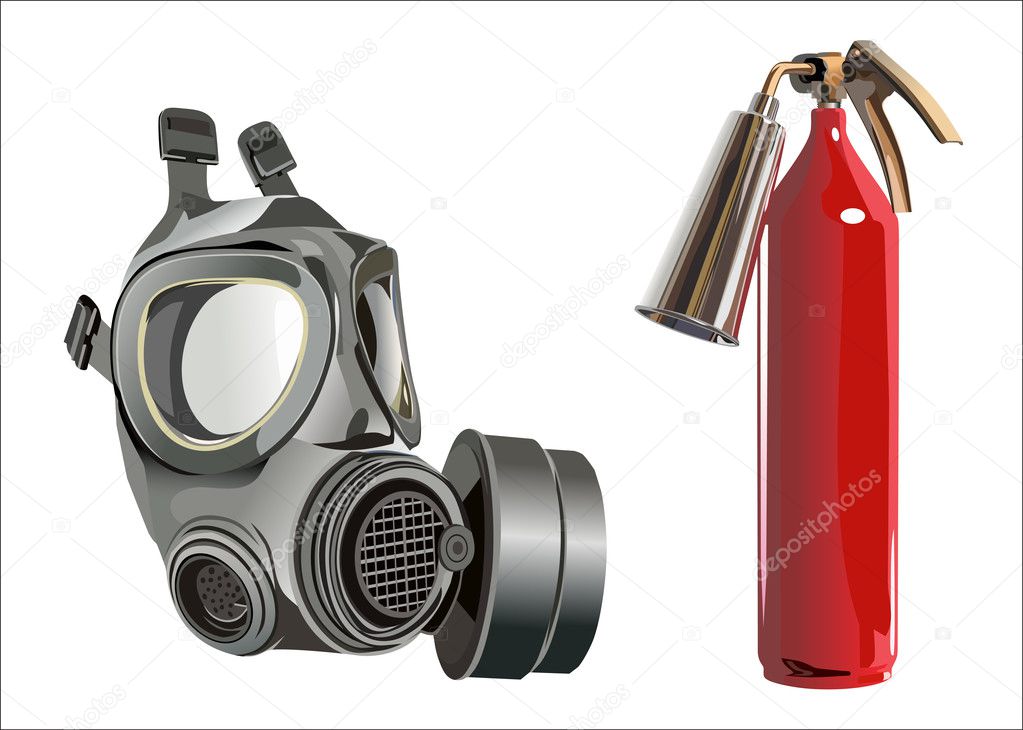 Fire extinguisher and a gas mask
