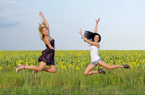 Mulheres acrobáticas pulando em uníssono — Fotografia de Stock