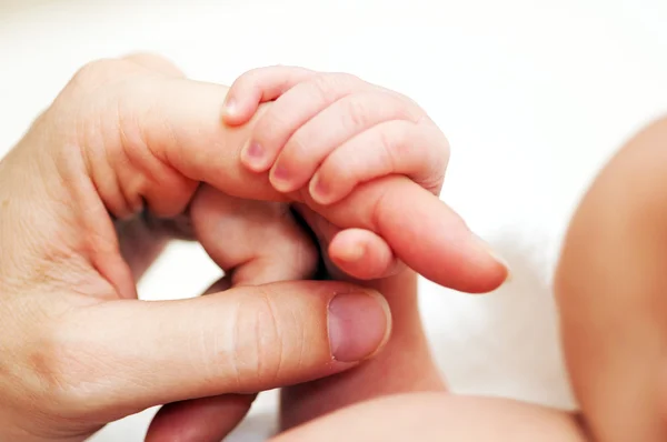 Baby hält Finger in der Hand — Stockfoto
