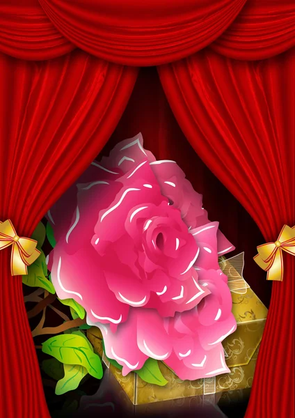 Cartão com rosas e caixa de presente — Fotografia de Stock