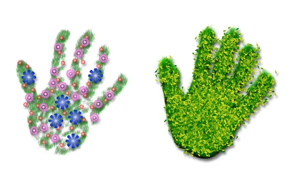 Hand print of grass, flowers and leaves — Stock Photo, Image