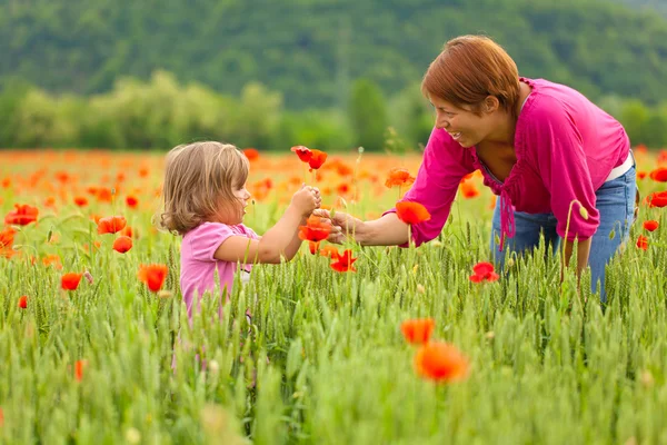 母亲和女儿在罂粟的领域 — 图库照片