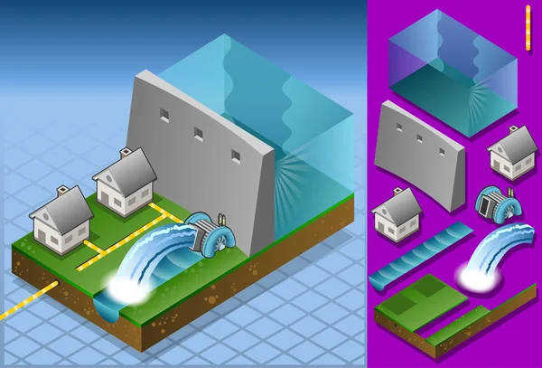 Maisons isométriques alimentées par un moulin à eau — Image vectorielle