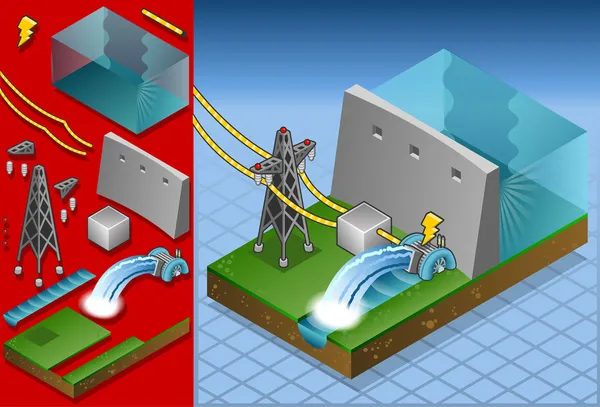 Molino de agua isométrico en la producción de energía — Vector de stock