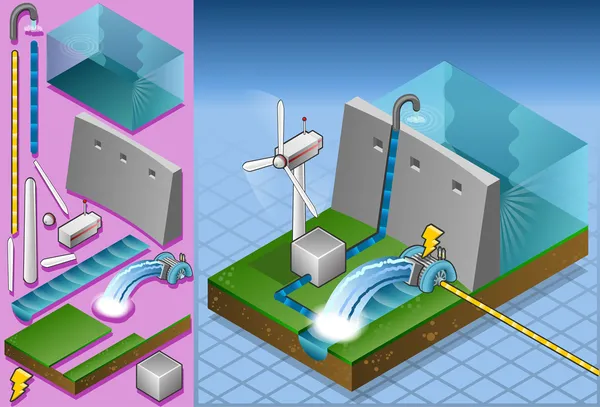 Molino de agua isométrico y turbina eólica en la producción de energía — Vector de stock