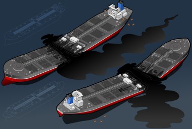 Isometric ship tanker destroyed in two parts, in two position clipart