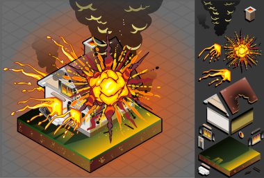 Isometric House hit by explosion clipart