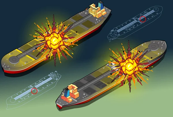 等轴测船油轮在两个位置被爆炸击中 — 图库矢量图片