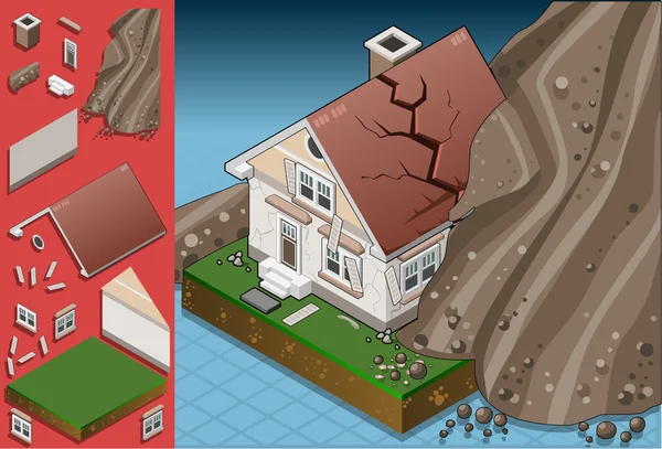 Isometric house hit by landslide — Stock Vector
