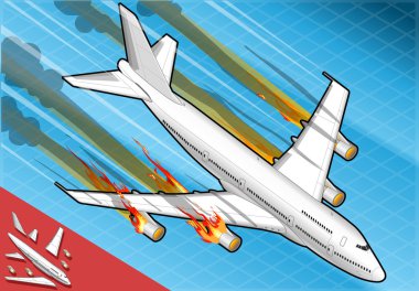 Isometric airplane falling down with engines on fire clipart