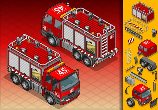 Isometrische brandweerman truck in twee standen — Stockvector