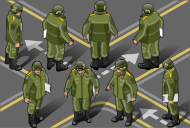 Isometric set of military man in eight position clipart