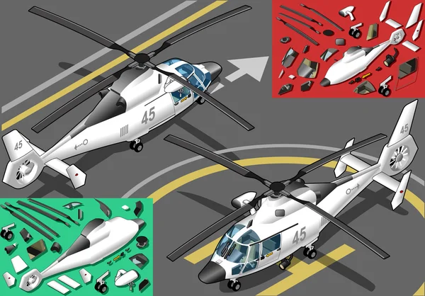 Isometrische witte helikopter landde in twee posities — Stockvector