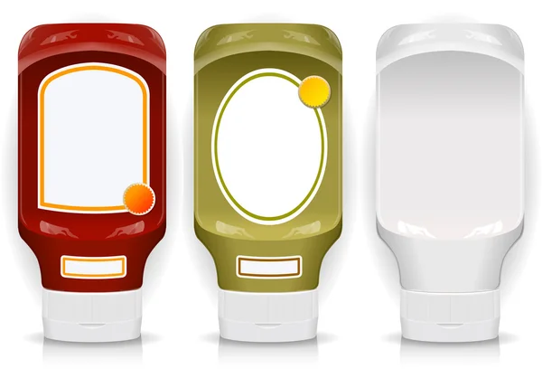 Trois flacons en plastique génériques avec étiquettes — Image vectorielle