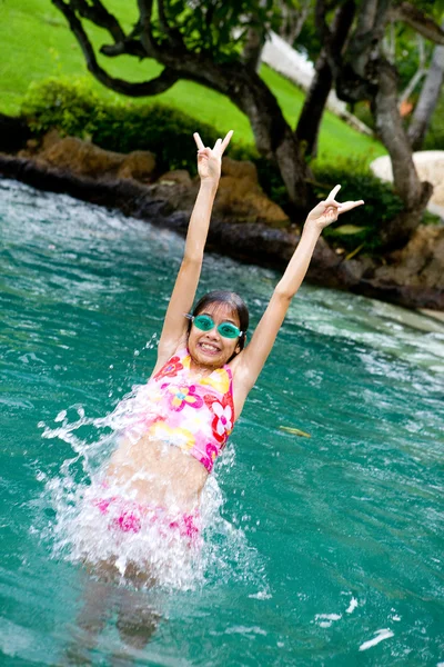 Stock image Young girl jumps backward into swimming pool