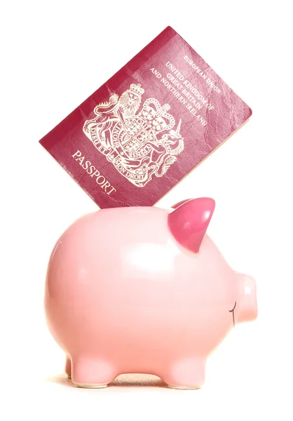 Banco porquinho com passaporte — Fotografia de Stock