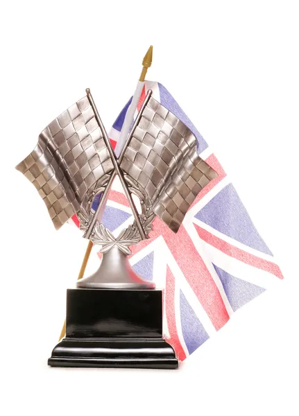 Racing trophy and union jack flag — Stock Photo, Image