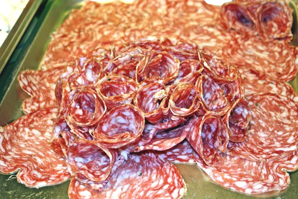 stock image Steel trays filled with salame milano in a self-service restaura