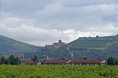 Soave castle on a hill with the rows of vines clipart