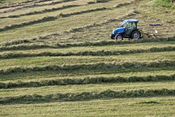 Fermier și tractor în timp ce tăiați iarba într-o pajiște în munte — Fotografie, imagine de stoc