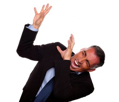 Excited executive screaming with hands up clipart