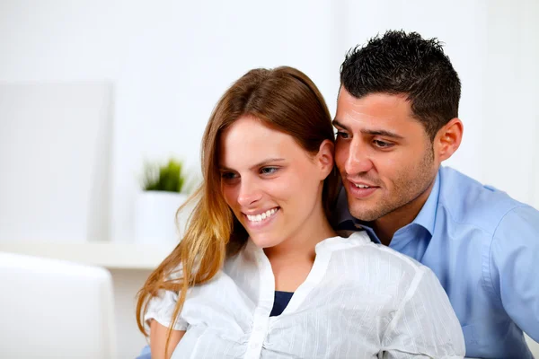Couple in love using the laptop together at home — Stock Photo, Image