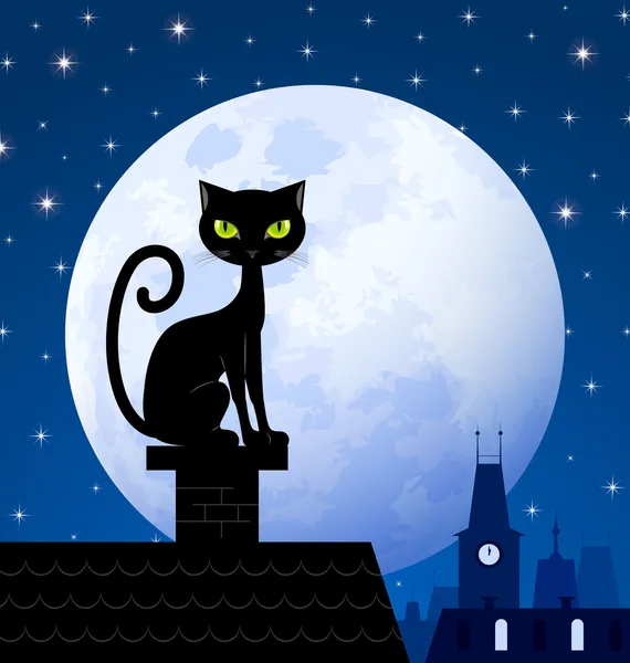 黒猫と月 — ストックベクタ