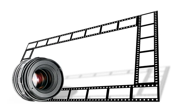 Objektiv & film strip gränsen på vit — Stockfoto