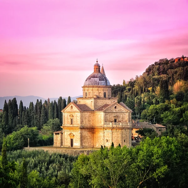 San Biagio cathedral at sunset - square, Montepulciano, Italy — Stock Photo, Image