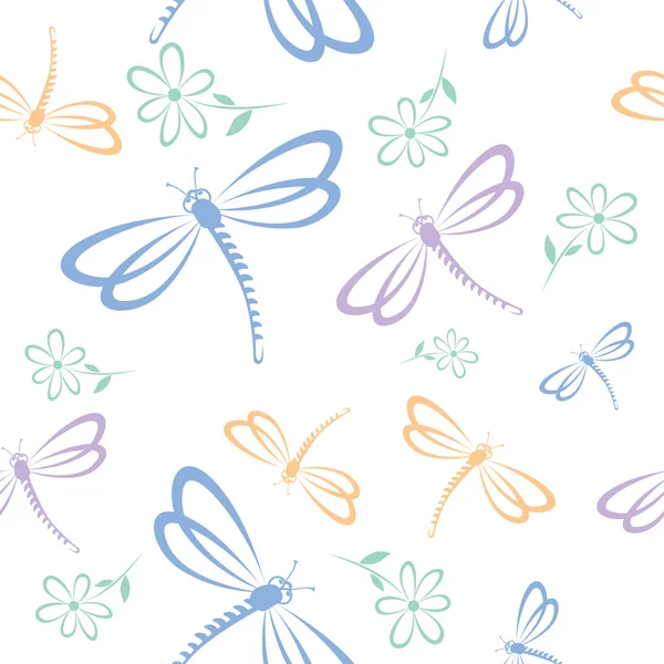 Naadloze patroon met dragonfly en bloem — Stockvector