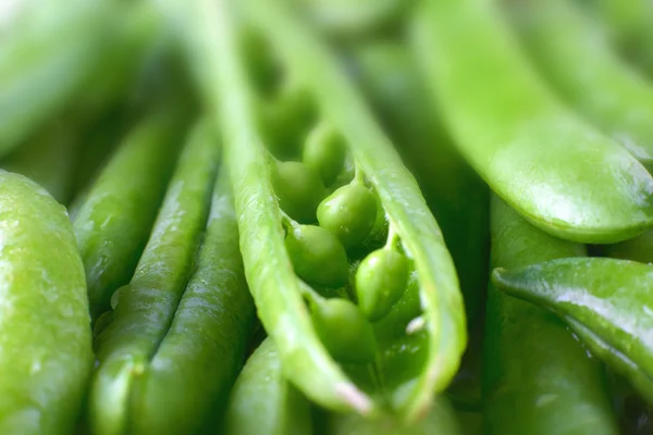 Close-up van verse groene erwt peulen met waterdruppels. — Stockfoto